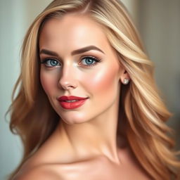 Create a portrait of a woman with long, flowing blonde hair, captivating blue eyes, full lips, and a confident smile