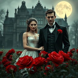 An enigmatic vampire couple standing amid a field of deep red roses, with an imposing Gothic mansion in the background