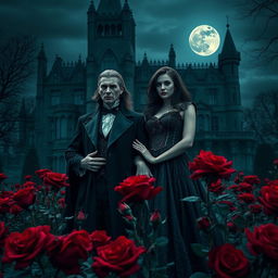 An enigmatic vampire couple standing amid a field of deep red roses, with an imposing Gothic mansion in the background