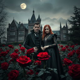 An enigmatic vampire couple standing amid a field of deep red roses, with an imposing Gothic mansion in the background