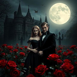 An enigmatic vampire couple standing amid a field of deep red roses, with an imposing Gothic mansion in the background