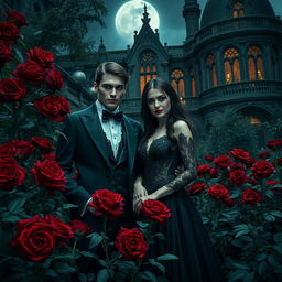 An enigmatic vampire couple standing amidst a lush garden of deep red roses, with an opulent Gothic mansion in the background