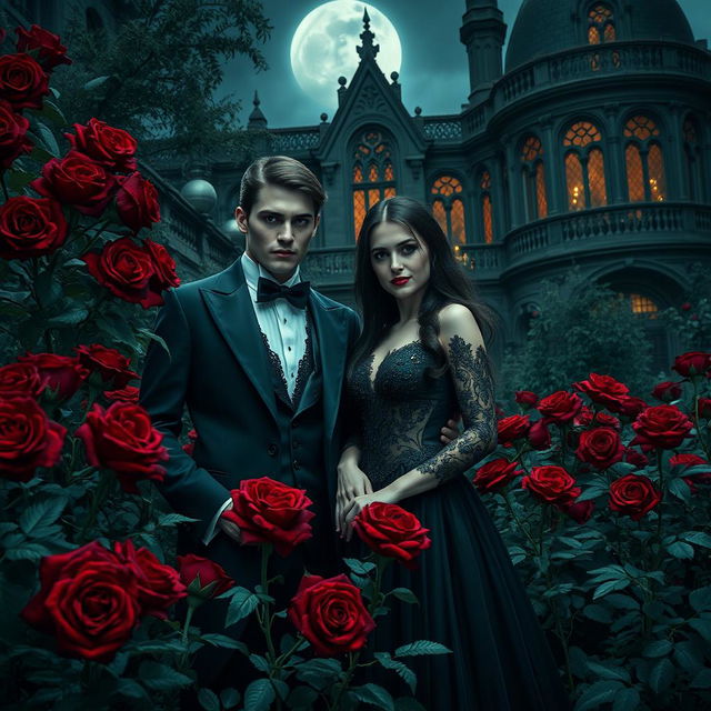 An enigmatic vampire couple standing amidst a lush garden of deep red roses, with an opulent Gothic mansion in the background