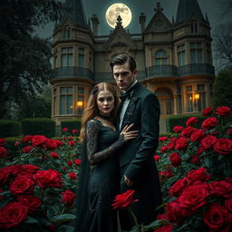An enigmatic vampire couple standing amidst a lush garden of deep red roses, with an opulent Gothic mansion in the background