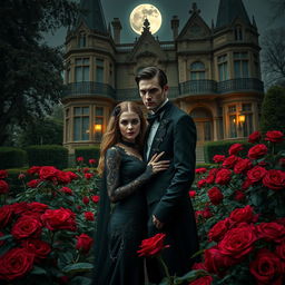 An enigmatic vampire couple standing amidst a lush garden of deep red roses, with an opulent Gothic mansion in the background