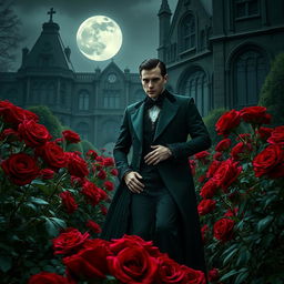 An enigmatic vampire couple standing amidst a lush garden of deep red roses, with an opulent Gothic mansion in the background