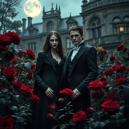 An enigmatic vampire couple standing amidst a lush garden of deep red roses, with an opulent Gothic mansion in the background