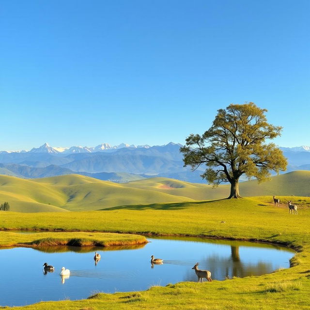 A vast, serene landscape featuring rolling hills covered in lush greenery under a clear blue sky