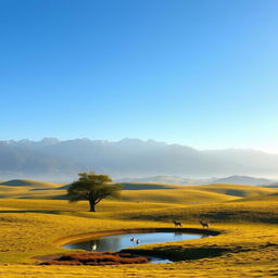 A vast, serene landscape featuring rolling hills covered in lush greenery under a clear blue sky