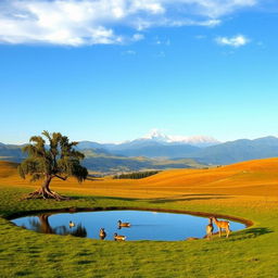 A vast, serene landscape featuring rolling hills covered in lush greenery under a clear blue sky