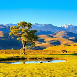 A vast, serene landscape featuring rolling hills covered in lush greenery under a clear blue sky