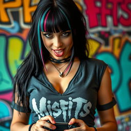 A close-up torso shot of a gorgeous female with black hair featuring color stripes