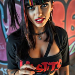 close-up of a stunning woman with black hair featuring colorful stripes, wearing a cut-up "Misfits" shirt with a deep V-neck showcasing her large chest and cleavage