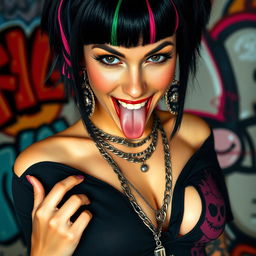 close-up of a gorgeous female with black hair featuring color stripes, wearing a cut-up 'cherry bomb' shirt with a cut 'V' neck, prominent punk chains, large chest with visible cleavage