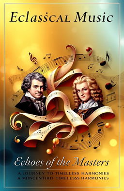 A classical music book cover featuring elegantly rendered music notes, portraits of famous composers such as Ludwig van Beethoven, Johann Sebastian Bach, and Wolfgang Amadeus Mozart, intertwined with flowing sheet music