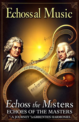 A classical music book cover featuring elegantly rendered music notes, portraits of famous composers such as Ludwig van Beethoven, Johann Sebastian Bach, and Wolfgang Amadeus Mozart, intertwined with flowing sheet music