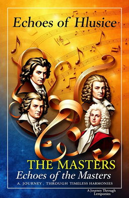 A classical music book cover featuring elegantly rendered music notes, portraits of famous composers such as Ludwig van Beethoven, Johann Sebastian Bach, and Wolfgang Amadeus Mozart, intertwined with flowing sheet music