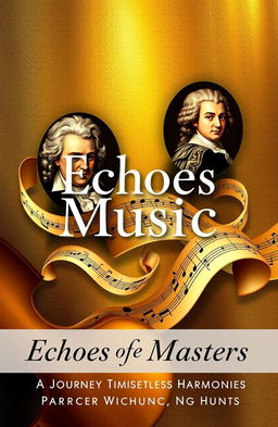 A classical music book cover featuring elegantly rendered music notes, portraits of famous composers such as Ludwig van Beethoven, Johann Sebastian Bach, and Wolfgang Amadeus Mozart, intertwined with flowing sheet music