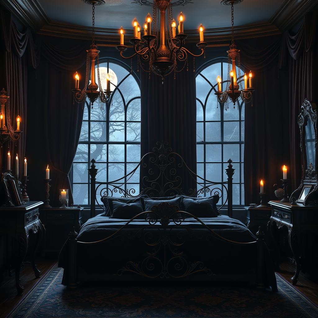 a stylish gothic bedroom featuring intricate wrought iron bed frame, dark velvet drapes, candle chandeliers casting mysterious shadows, ornate Victorian-style furniture, and a large arched window revealing a moonlit night sky