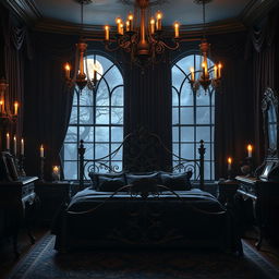 a stylish gothic bedroom featuring intricate wrought iron bed frame, dark velvet drapes, candle chandeliers casting mysterious shadows, ornate Victorian-style furniture, and a large arched window revealing a moonlit night sky