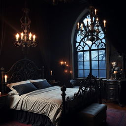 a stylish gothic bedroom featuring intricate wrought iron bed frame, dark velvet drapes, candle chandeliers casting mysterious shadows, ornate Victorian-style furniture, and a large arched window revealing a moonlit night sky