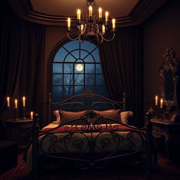 a stylish gothic bedroom featuring intricate wrought iron bed frame, dark velvet drapes, candle chandeliers casting mysterious shadows, ornate Victorian-style furniture, and a large arched window revealing a moonlit night sky