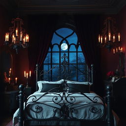 a stylish gothic bedroom featuring intricate wrought iron bed frame, dark velvet drapes, candle chandeliers casting mysterious shadows, ornate Victorian-style furniture, and a large arched window revealing a moonlit night sky