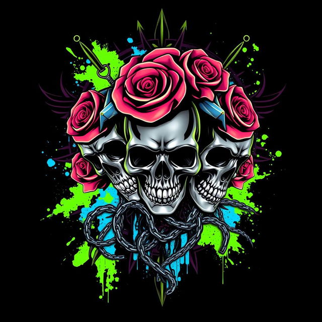 a bold, edgy t-shirt design featuring striking visuals with metallic skulls intertwined with thorny roses, tribal patterns in the background, and vibrant splashes of neon green and electric blue