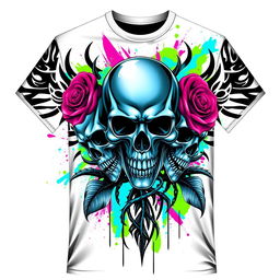 a bold, edgy t-shirt design featuring striking visuals with metallic skulls intertwined with thorny roses, tribal patterns in the background, and vibrant splashes of neon green and electric blue