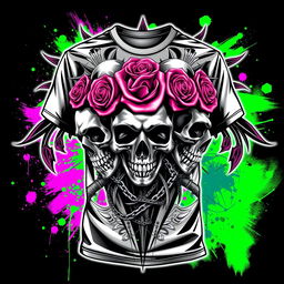 a bold, edgy t-shirt design featuring striking visuals with metallic skulls intertwined with thorny roses, tribal patterns in the background, and vibrant splashes of neon green and electric blue