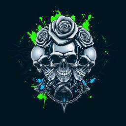 a bold, edgy t-shirt design featuring striking visuals with metallic skulls intertwined with thorny roses, tribal patterns in the background, and vibrant splashes of neon green and electric blue