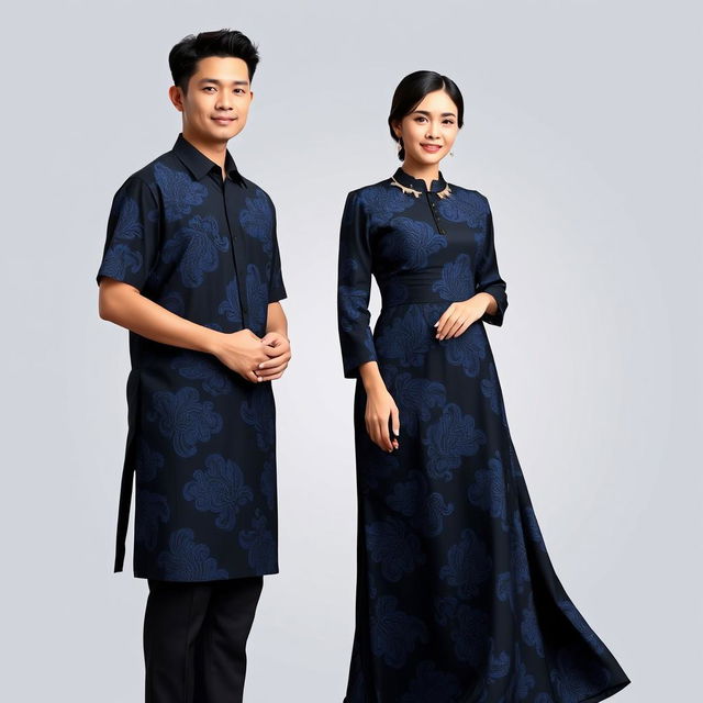 A fashionable couple's batik outfit featuring a man and woman