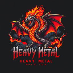 a powerful heavy metal t-shirt design featuring a fierce dragon engulfed in flames, with intricately detailed scales and wings