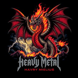 a powerful heavy metal t-shirt design featuring a fierce dragon engulfed in flames, with intricately detailed scales and wings