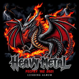 a powerful heavy metal t-shirt design featuring a fierce dragon engulfed in flames, with intricately detailed scales and wings