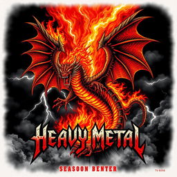 a powerful heavy metal t-shirt design featuring a fierce dragon engulfed in flames, with intricately detailed scales and wings