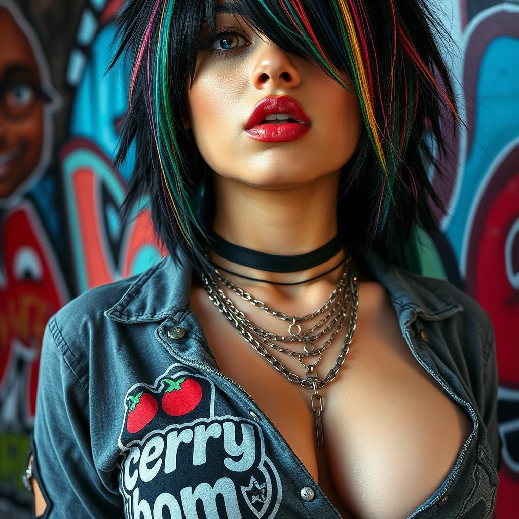 A close-up torso shot of a gorgeous female with black hair featuring colorful stripes, wearing a shirt with a "cherry bomb" logo