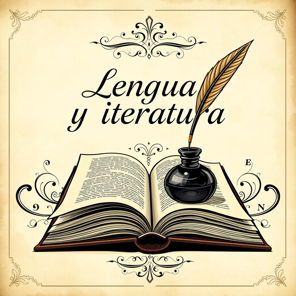 An elegantly elaborate book cover for 'Lengua y literatura' with a sophisticated, flowing artistic font for the title