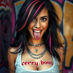 A close-up portrait of a gorgeous woman with black hair highlighted with colorful stripes, wearing a tank top featuring the "cherry bomb" logo