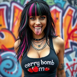 A close-up portrait of a gorgeous woman with black hair highlighted with colorful stripes, wearing a tank top featuring the "cherry bomb" logo