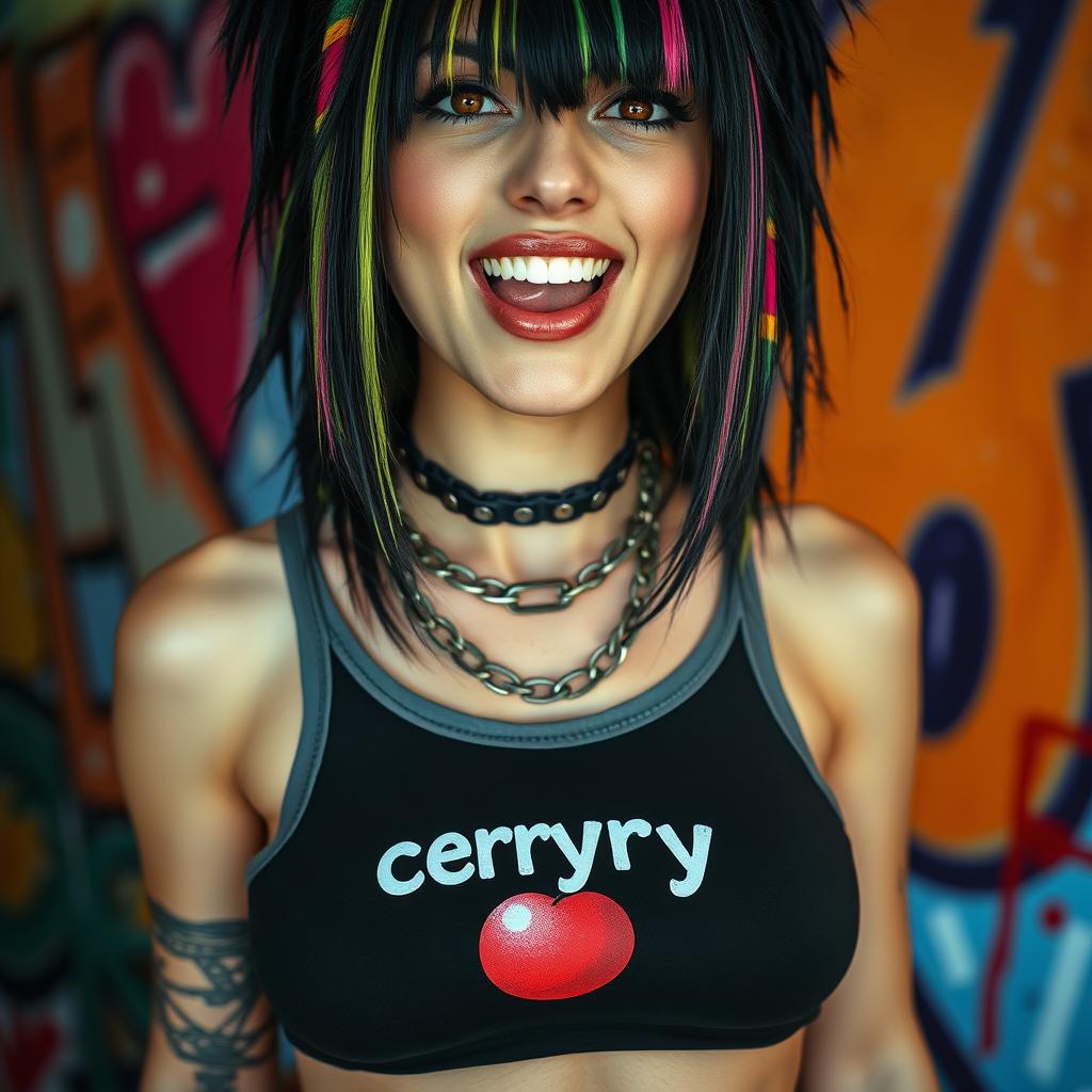 Close-up of a gorgeous female with black hair featuring colorful stripes, wearing a tank top with a 'cherry bomb' logo