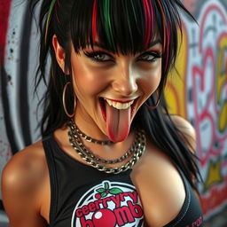 Close-up of a gorgeous female with black hair featuring colorful stripes, wearing a tank top with a 'cherry bomb' logo