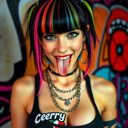 Close-up of a gorgeous female with black hair featuring colorful stripes, wearing a tank top with a 'cherry bomb' logo