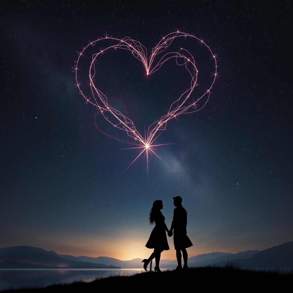 A captivating scene where love and darkness intertwine, symbolized by a dark night sky lit by a radiant heart-shaped constellation