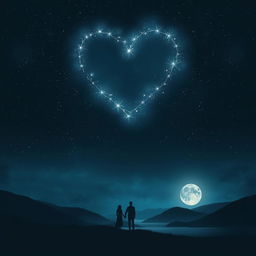 A captivating scene where love and darkness intertwine, symbolized by a dark night sky lit by a radiant heart-shaped constellation