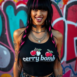 close-up shot of a gorgeous female with black hair and colored stripes, wearing a tank top featuring a "cherry bomb" logo