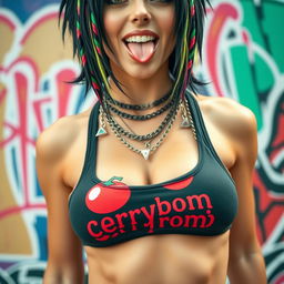 Close-up shot capturing the chest and torso of a gorgeous female with black hair adorned with colorful stripes