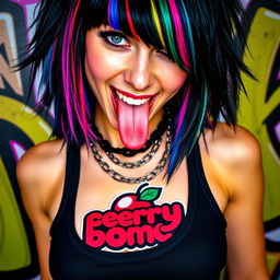 A close-up, torso shot of a gorgeous female with vibrant black hair featuring colorful stripes