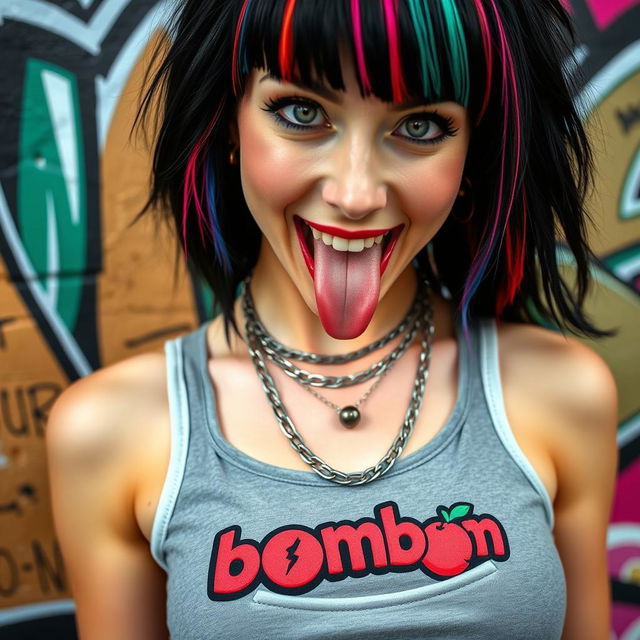 A close-up, torso shot of a gorgeous female with vibrant black hair featuring colorful stripes