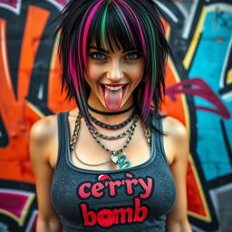 A close-up, torso shot of a gorgeous female with vibrant black hair featuring colorful stripes